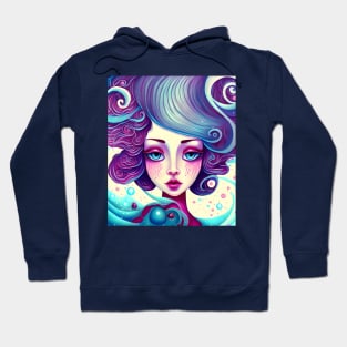 Girl with beautiful blue hair, big hairstyle, waves. Hoodie